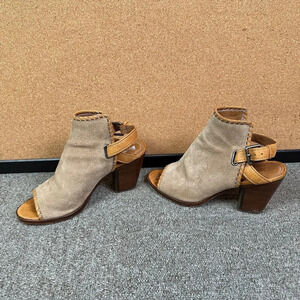 Frye Dani Shield Sling Peep Toe Heeled Sandal Brown Taupe Suede Leather 6.5